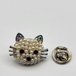 Fab MCM Vintage Kitty Cat Kitten Tie Tack Lapel pin faux pearl rhinestone